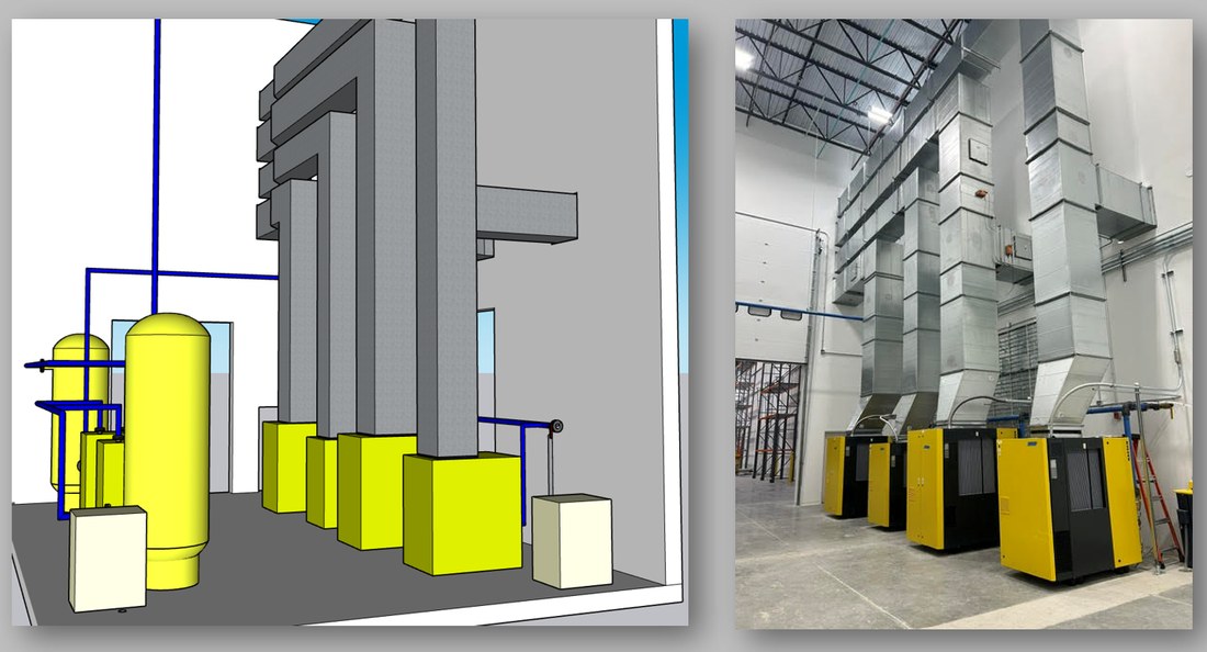 Ducting system design rendering alongside the completed overhead ductwork installation