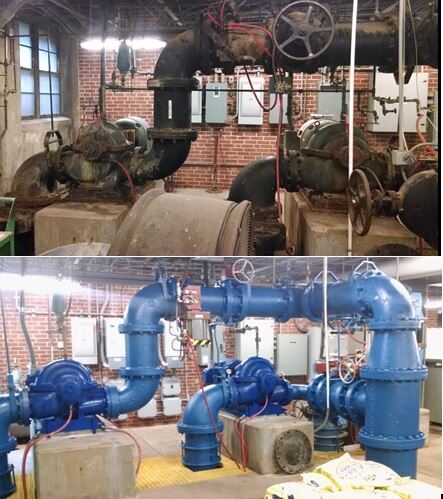 Before-and-after retrofit of a water pump station, old cast-iron pumps replaced with new piping